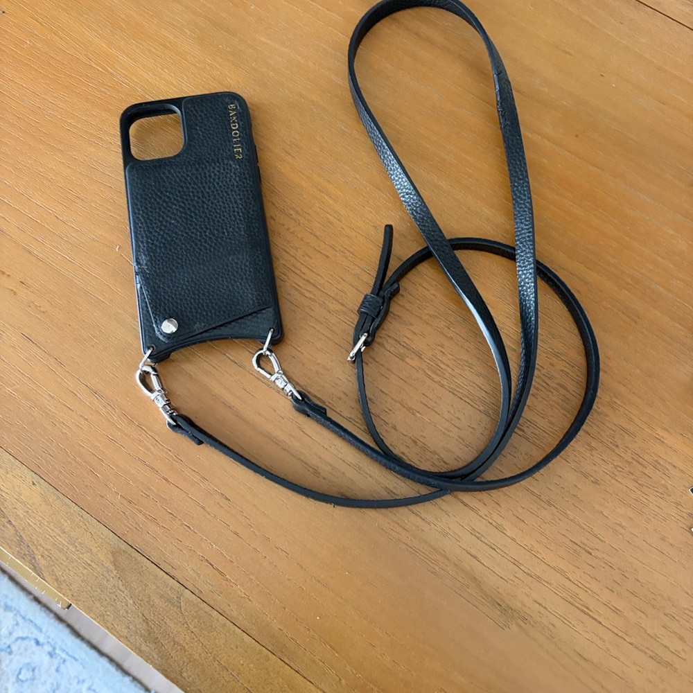 Bandolier Black Leather Crossbody Phone Case with Detachable Strap